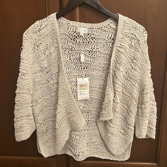 TSE Women’s Sweater Cardigan White Taupe Large Chunky Weave Silk Nylon Crop $495 - Picture 1 of 13